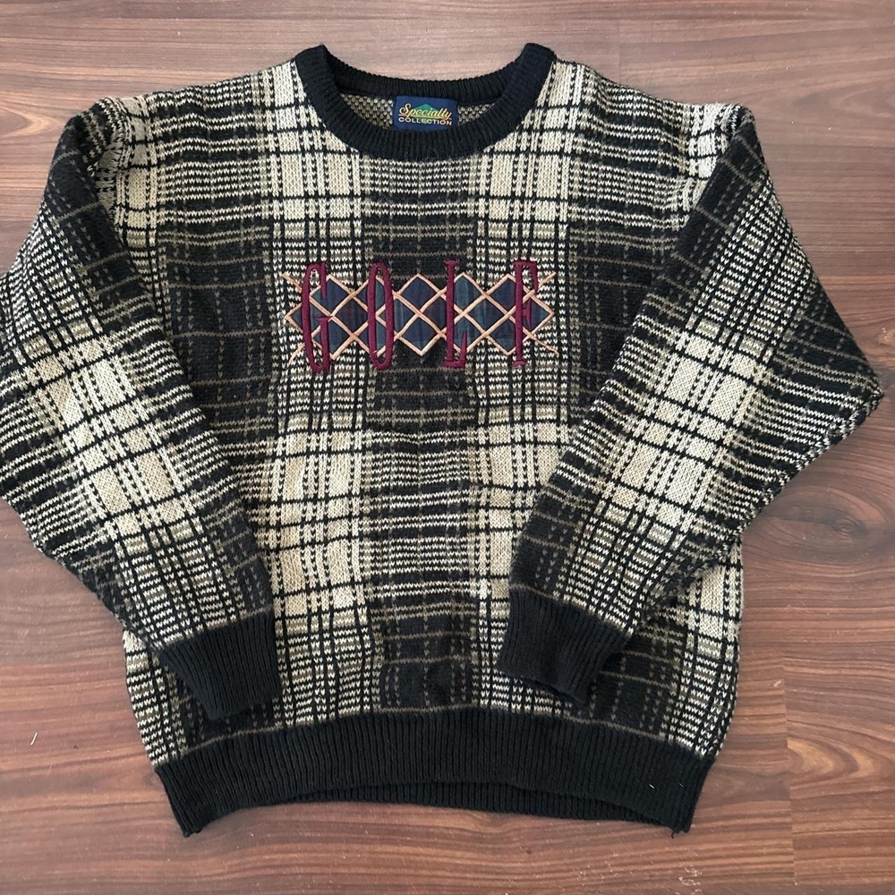 Vintage Specialty Collection Golf Plaid Knit Sweater Mens Large Wool Blend Black